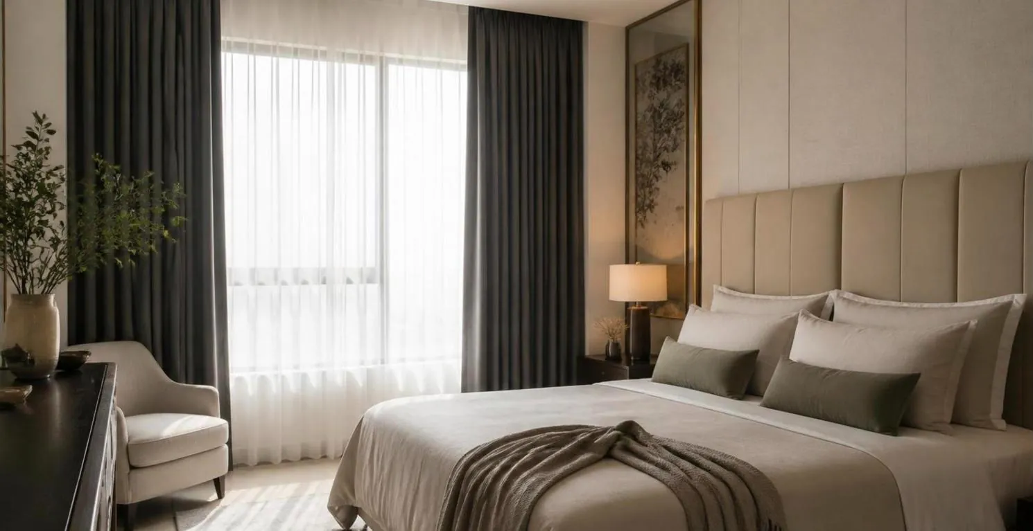 Bedroom with charcoal blackout curtains, sheer voile and upholstered headboard