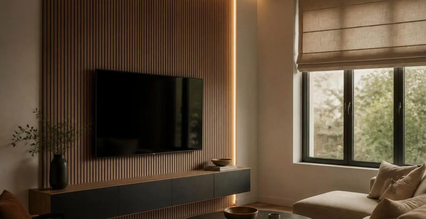 Linen Roman blind on a living room window