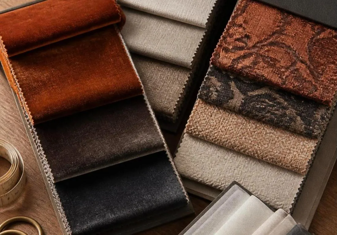 Swatch books of velvet, linen and jacquard in copper, charcoal and sand