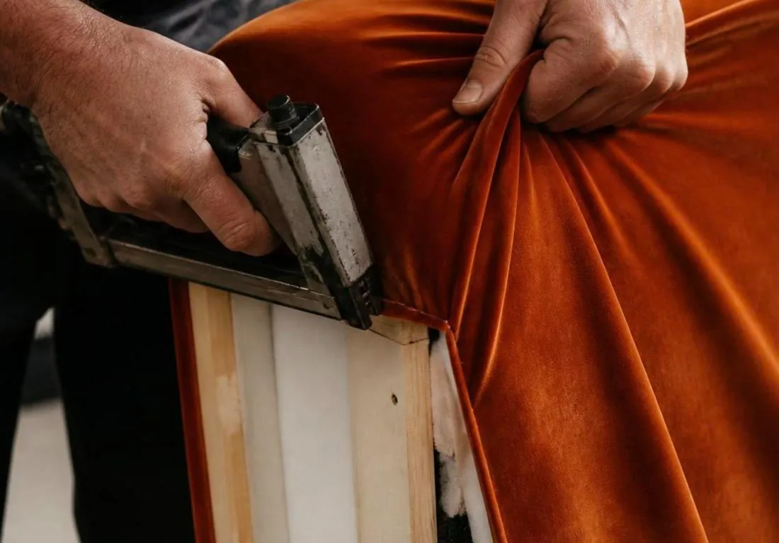 Upholsterer stretching rust velvet over a new sofa frame